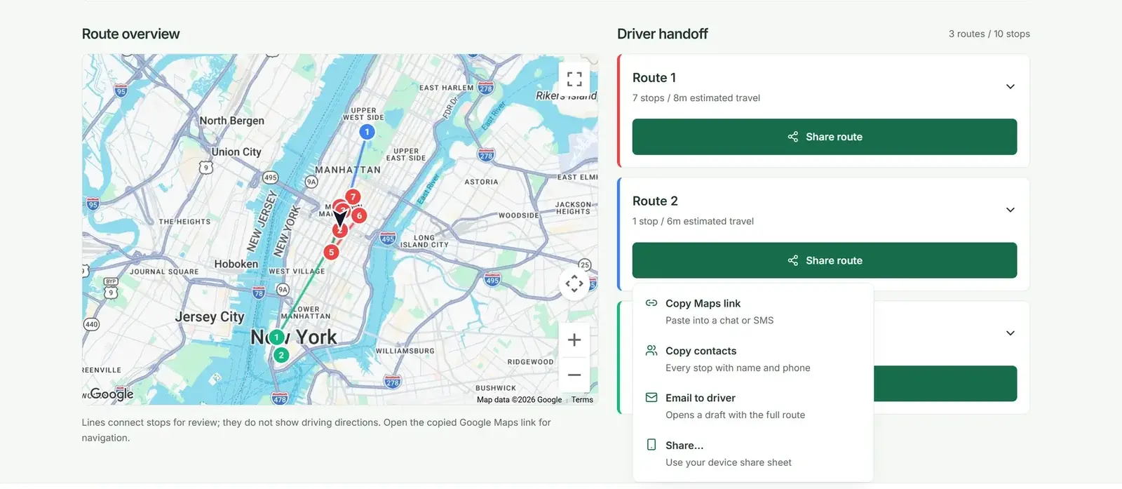 Delivery Route Optimizer route sharing: a Google Maps link, a contact list, or an emailed full route.