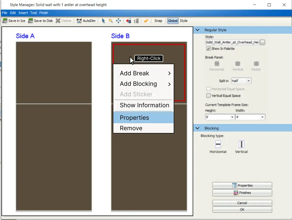 The context menu for adding blocking to a wall.
