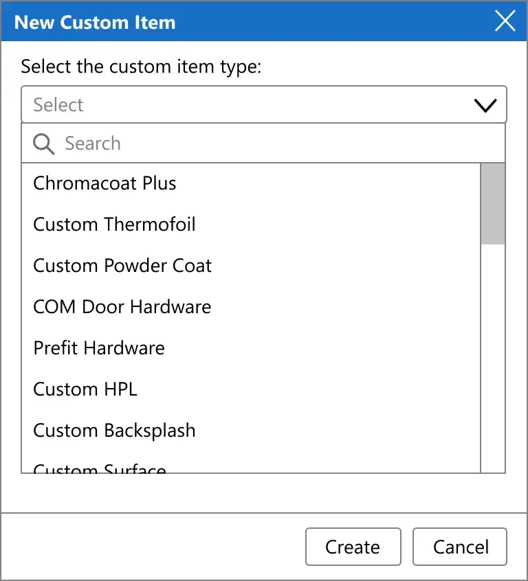 The new custom item wizard, choosing an item type.