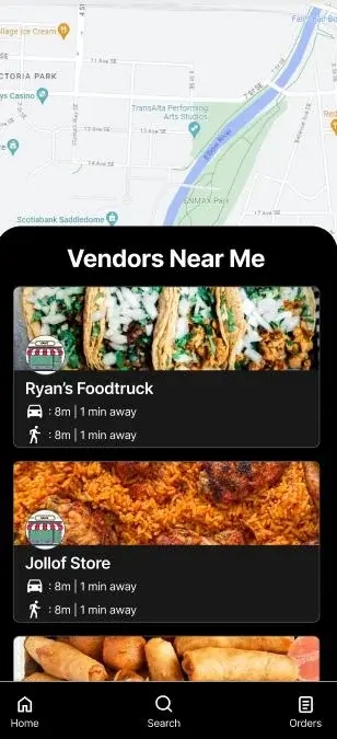 Vendor list showing a walking-distance indicator.