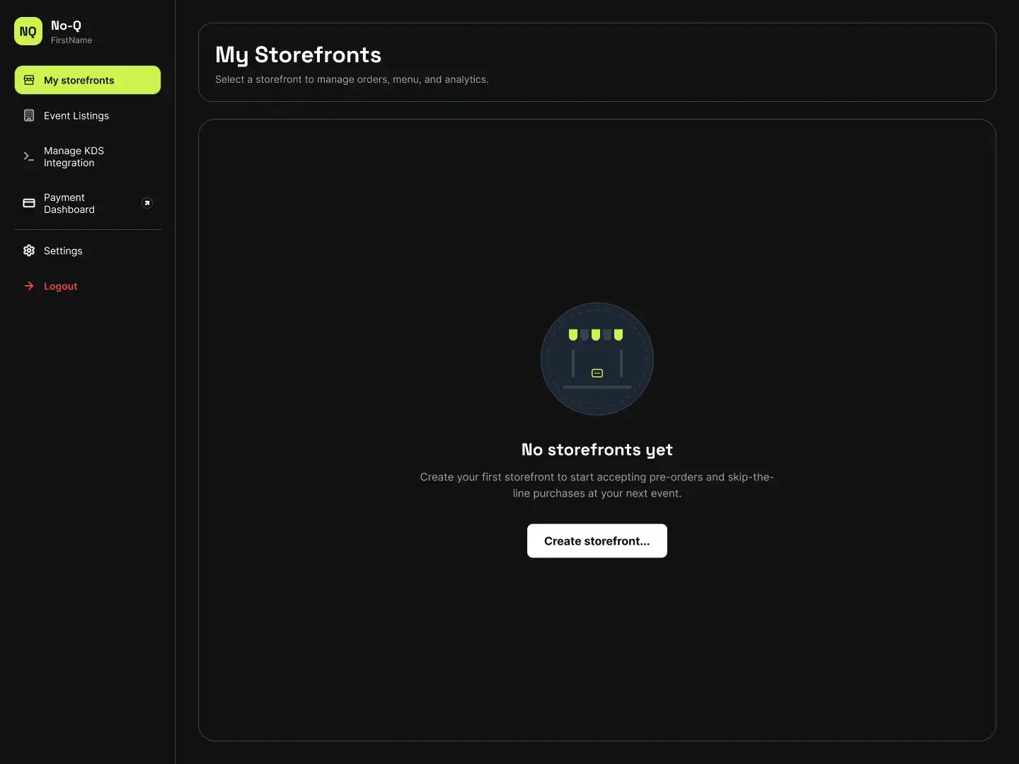 Vendor screen showing no stores have been created yet.