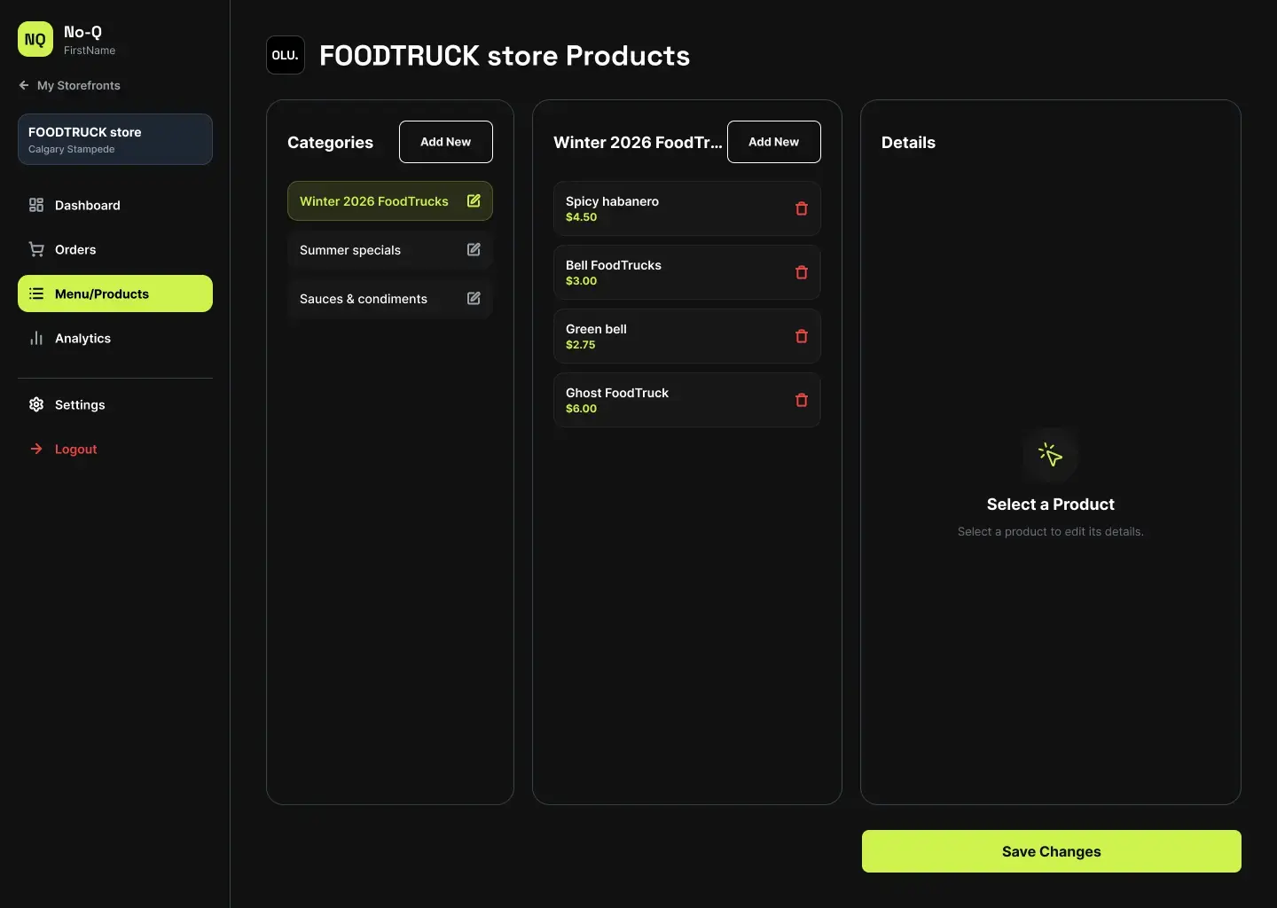 Vendor product management screen.