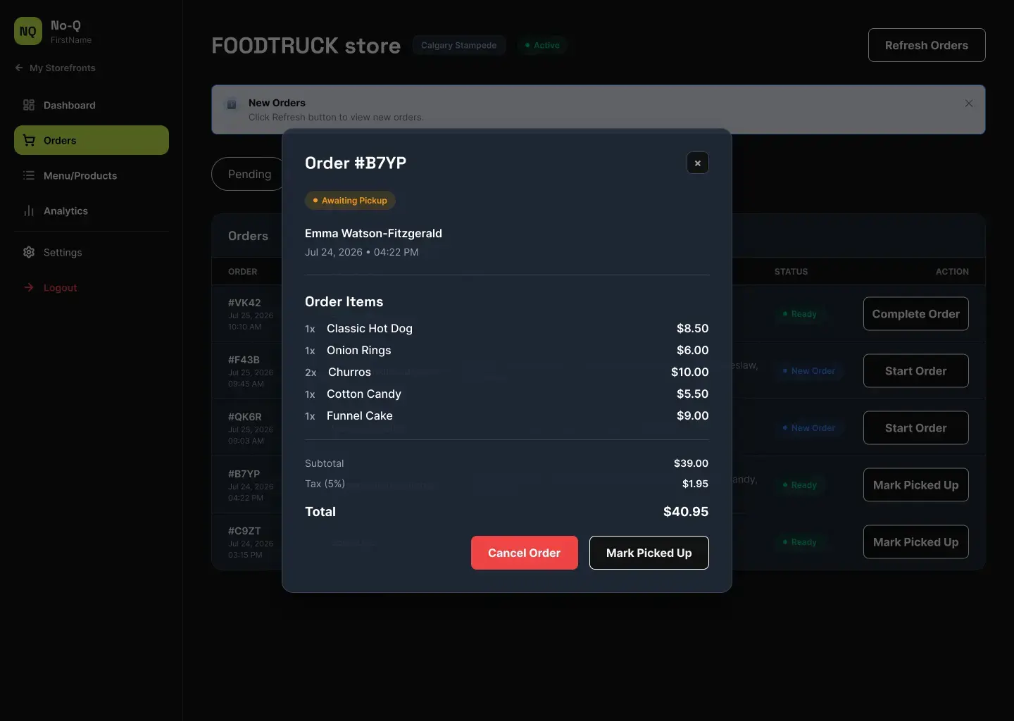 Modal for vendors to view order details