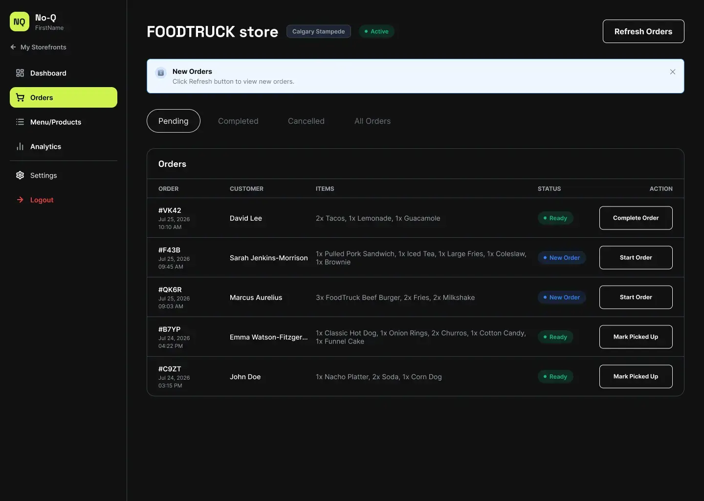 No-Q vendor dashboard showing the live order queue.
