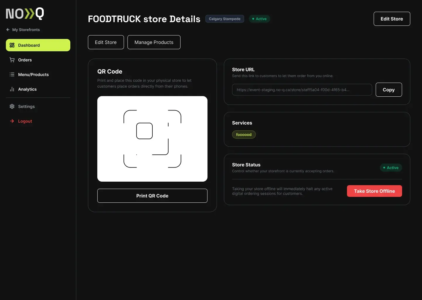Storefront dashboard to manage orders, products and settings.