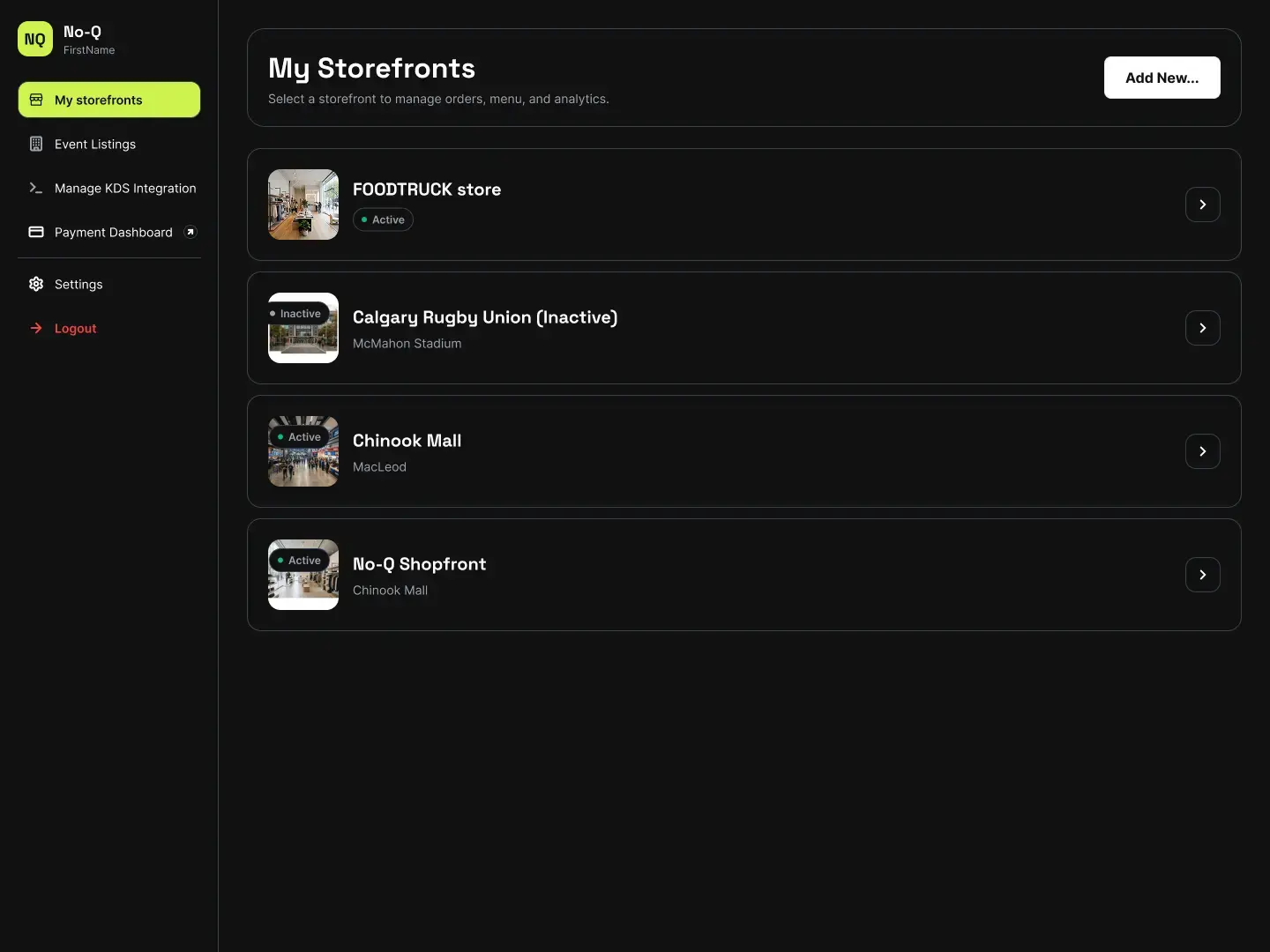 Storefront selector page for choosing a specific storefront.