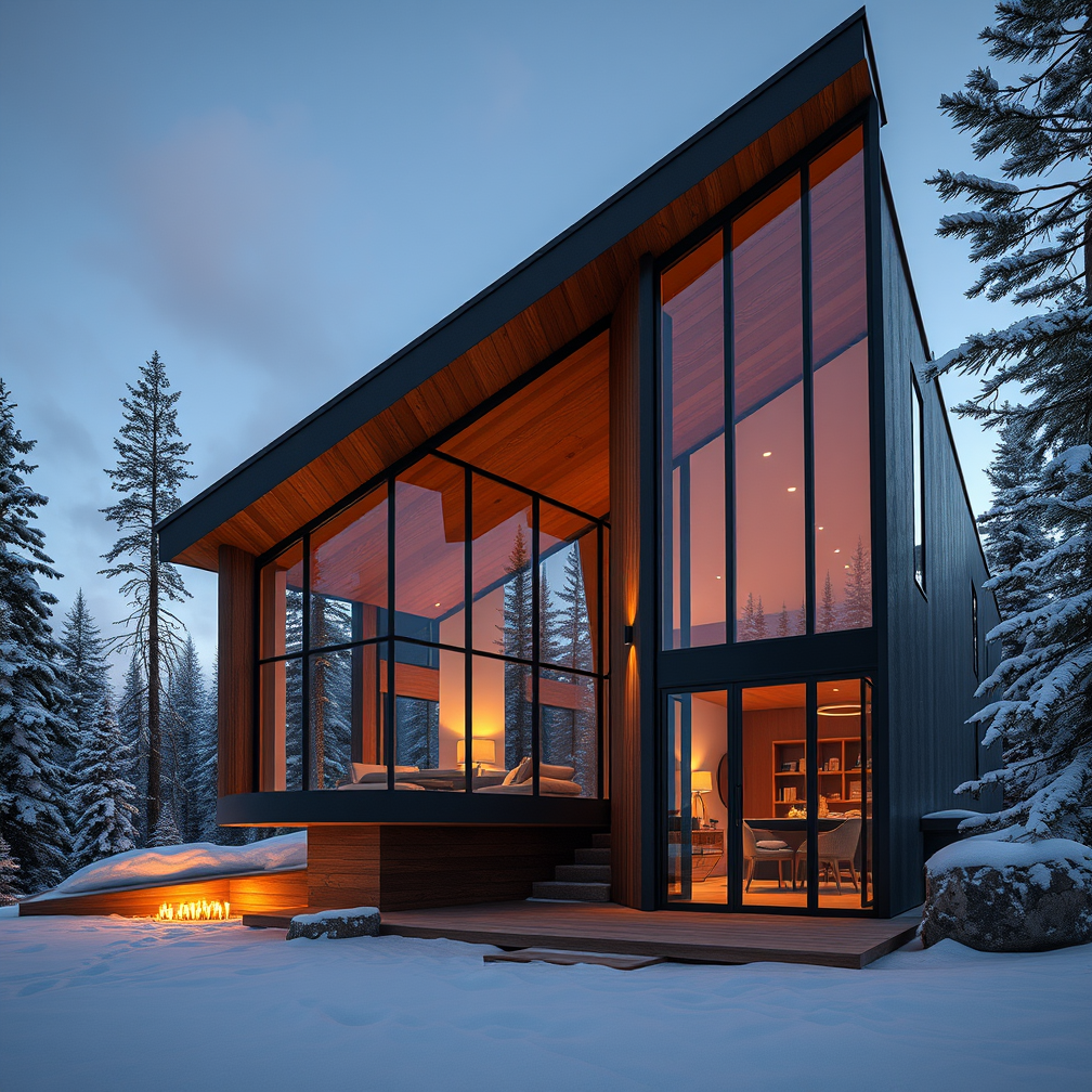 Generative AI imagery — Flux Schnell diffusion model. Prompt: Modern mountain cabin at dusk, floor-to-ceiling glass walls, warm interior light spilling onto snow, pine forest backdrop, photorealistic architectural render, 8k