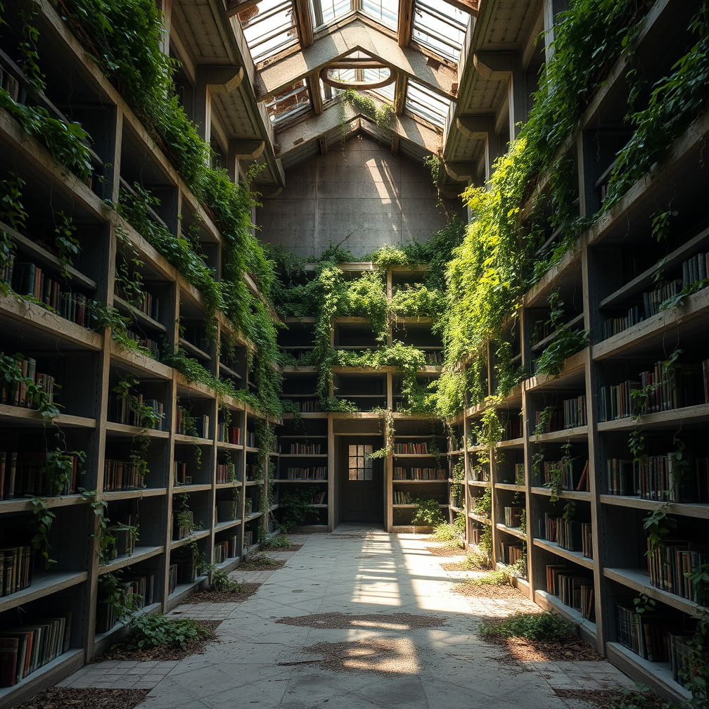 Generative AI imagery — Flux Schnell diffusion model.  Prompt: Overgrown brutalist library, vines reclaiming concrete shelves, shafts of light through broken skylights, post-apocalyptic, concept art, cinematic atmosphere