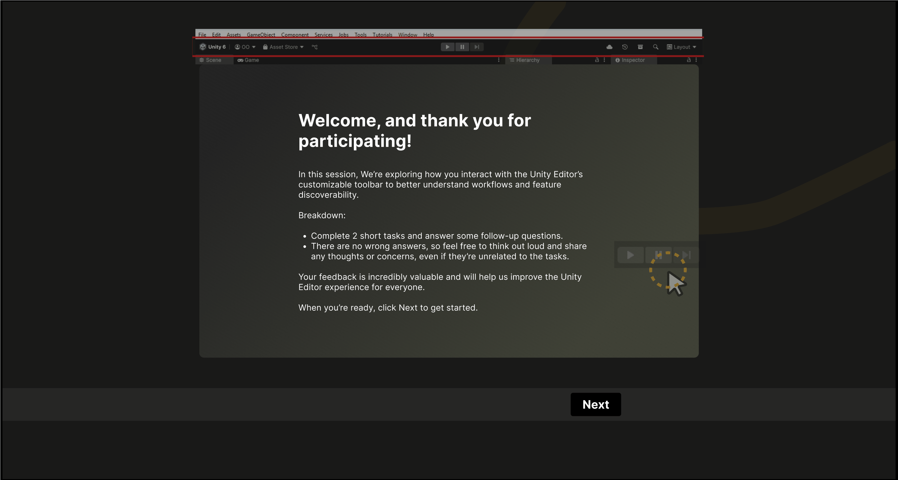 Interactive Figma prototype simulating the Unity Editor for usability testing.
