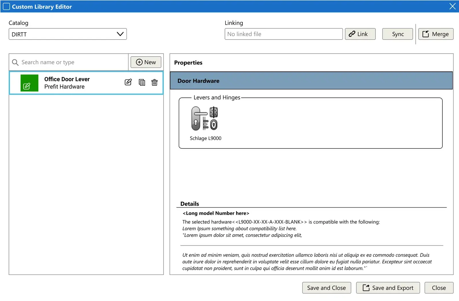 The hardware specification screen in ICE, selecting door hardware from a manufacturer.