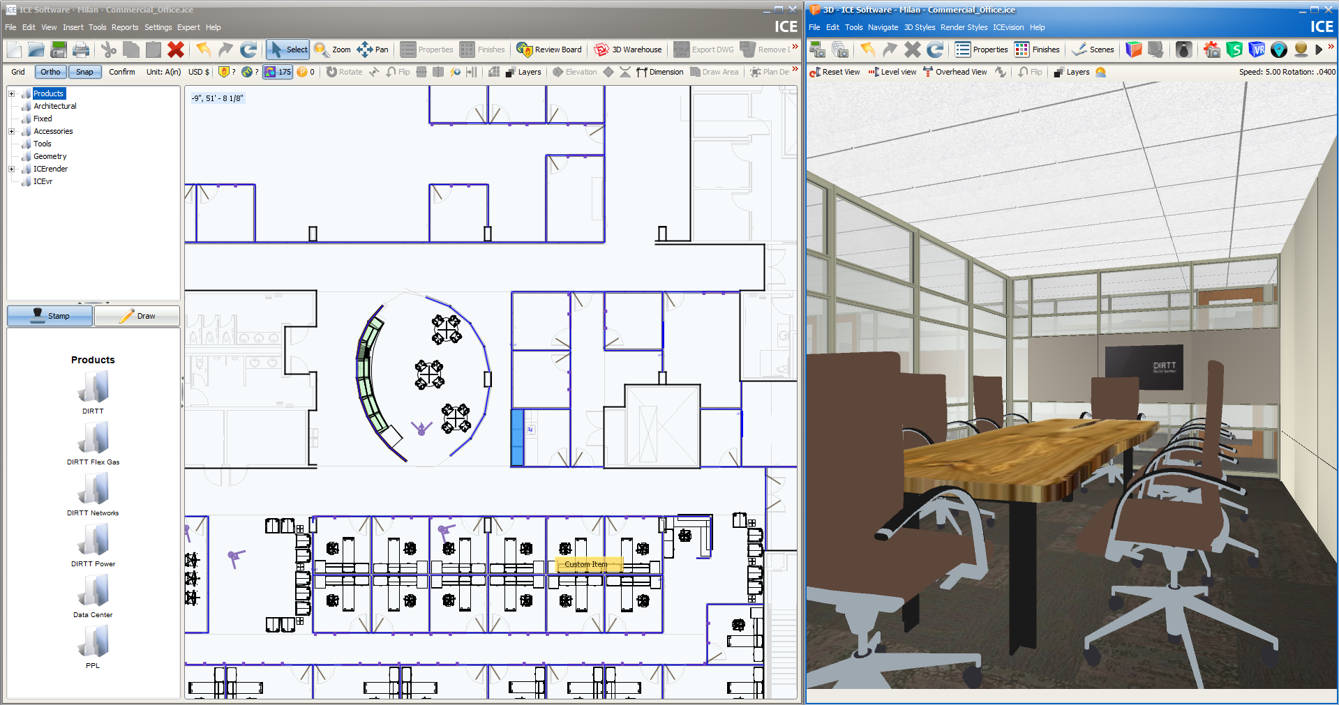 ICE showing a 2D interior plan alongside the interactive 3D view of the same space.