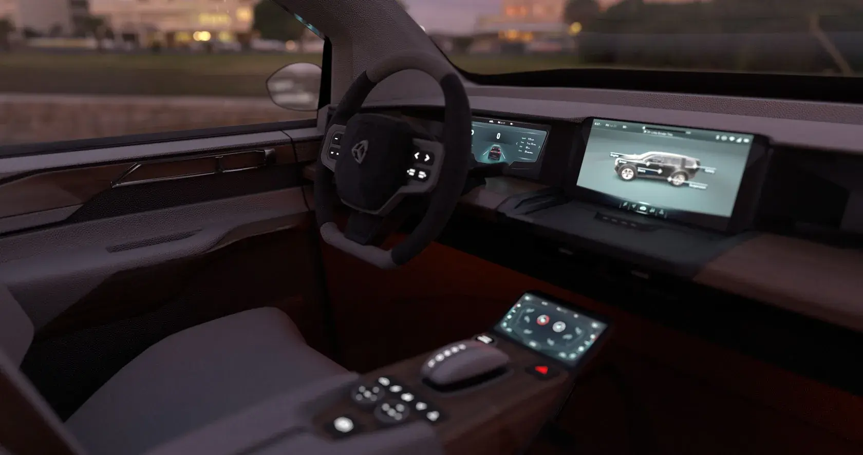 In-car visuals of the automotive HMI package, showing a dashboard and infotainment interface.