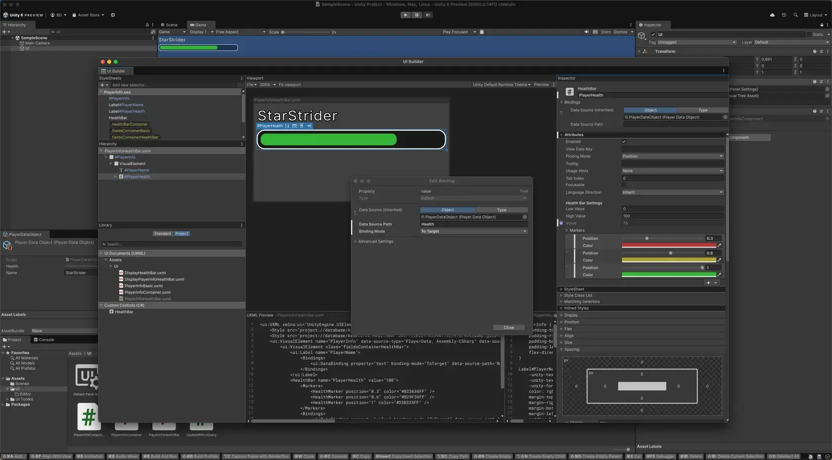 UI Builder with custom inspectors, UXMLObjects editing and visual workflows for data binding.