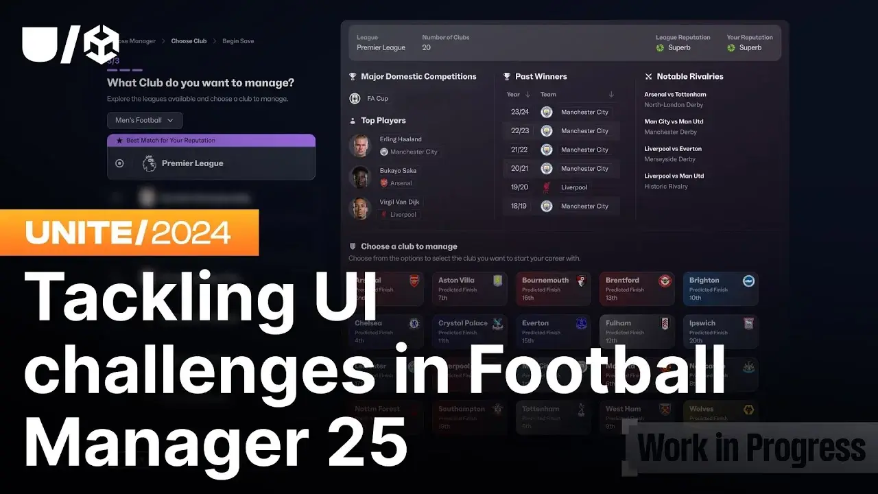 The title slide for "Tackling UI challenges in Football Manager 25" at Unite 2024, over the Football Manager interface in UI Toolkit.